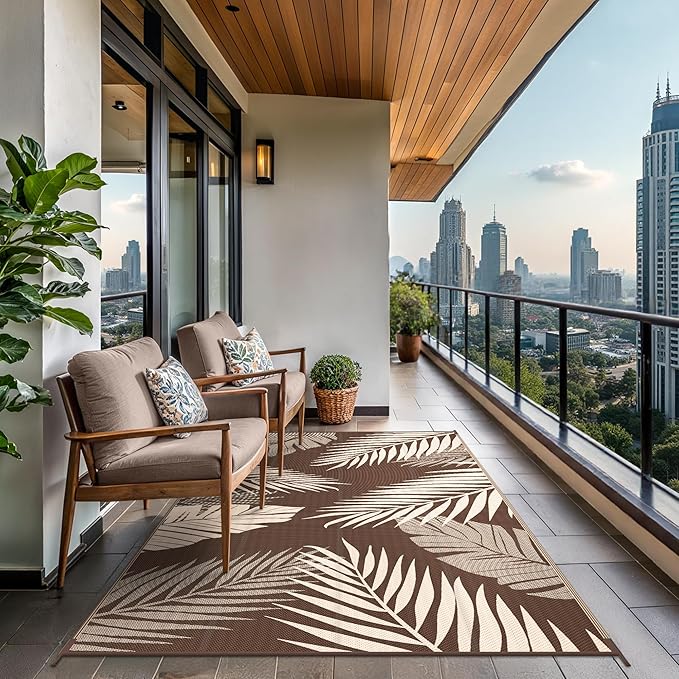 GENIMO Outdoor Rug 4' x 6' Waterproof for Patios Clearance, Reversible Outdoor Plastic Straw Camping Rug Carpet, Large Area Rugs Mats for RV, Camper, Deck, Balcony, Porch, Beach, Coffee&Beige-HomvellaHome