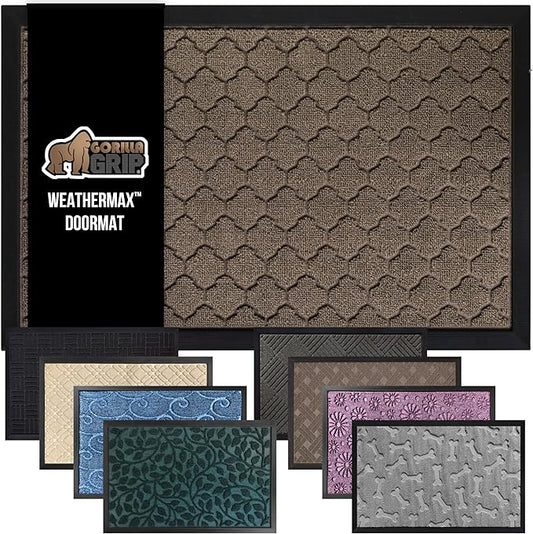 GORILLA GRIP 100% Waterproof All-Season WeatherMax Doormat 35x23, US Designed Natural Rubber, Stain and Fade Resistant, Low Profile Indoor Outdoor Door Mats, Easy Clean Patio Mat, Latte Quatrefoil-HomvellaHome