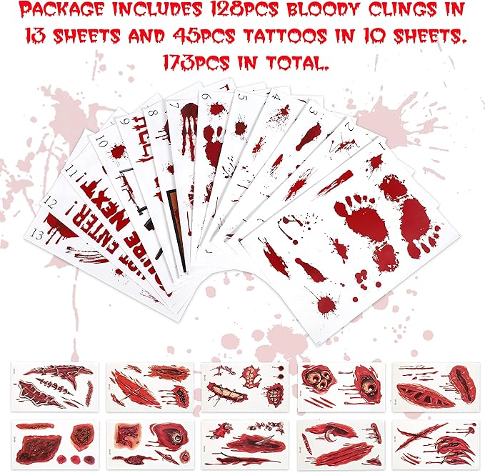 173PCS Halloween Bloody Footprints Floor Clings Plus Tattoos - Hallowmas Handprint Zombie Restroom Sign Decals Party Decorations-HomvellaHome