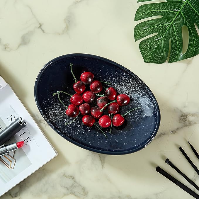 Oval Ceramic Decorative Bowl, Key Dish for Entryway Table, Small Home Decor Accent, Trinket Tray for Office Home Decor Gift (10'' Starrysky Blue with Glaze Layer)-HomvellaHome