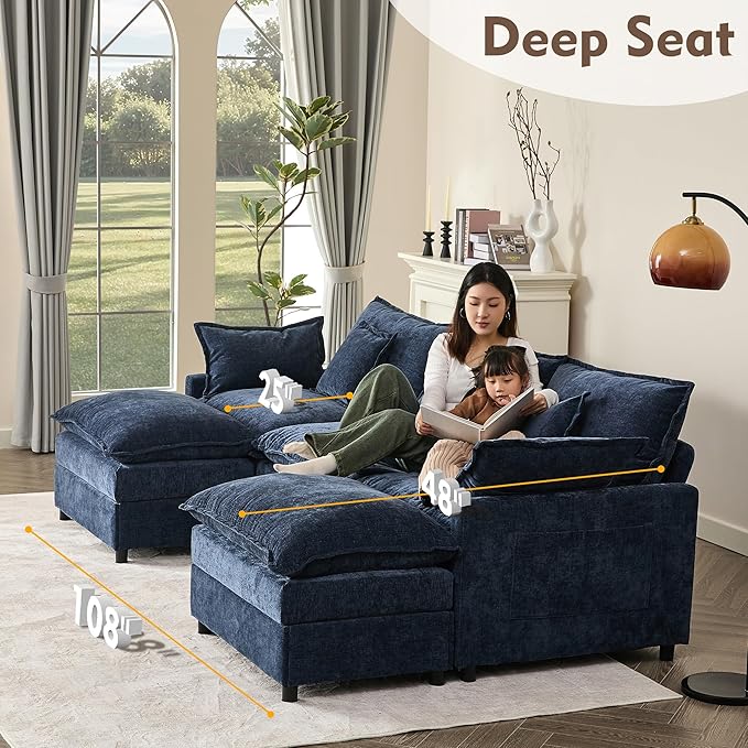 108" U Shaped Couch, Modular Sectional Sofa, 3-Seater Comfy Cloud Couch with Movable Ottoman, Deep Seat Couches for Living Room, Chenille, Navy-HomvellaHome