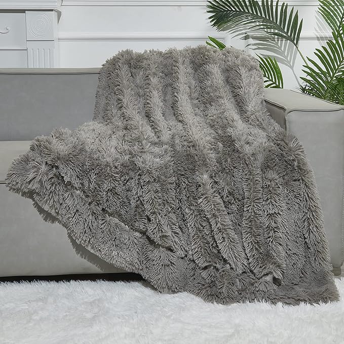 GONAAP Fuzzy Faux Fur Throw Blanket Twin Size Light Grey Super Soft Cozy Plush Fuzzy Shaggy Blanket for Couch Sofa Bed (Light Grey, Twin(60"x80"))-HomvellaHome