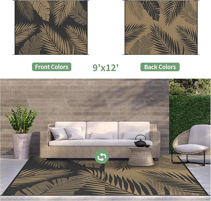 GENIMO Outdoor Rug 9' x 12' Waterproof for Patios Clearance, Reversible Outdoor Plastic Straw Camping Rug Carpet, Large Area Rugs Mats for RV, Camper, Deck, Balcony, Porch, Beach, Picnic, Black&Brown-HomvellaHome