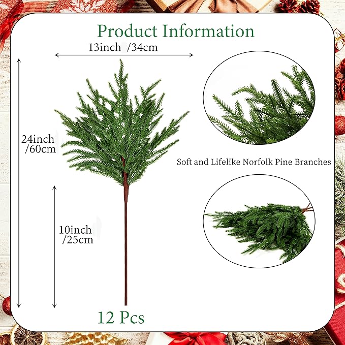 12Pcs Artificial Norfolk Pine Branches 24" Plastic Christmas Plants Decor Faux Greenery Stems Pine Picks Outdoor Faux Plants UV Resistant for Xmas Indoor, Front Porch Home Décor (12, 24inch)-HomvellaHome