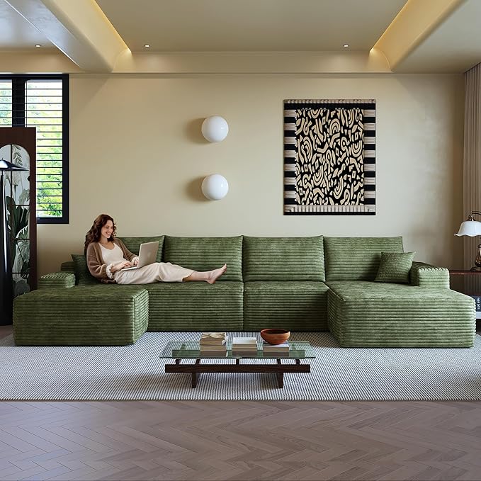 108" Sectional Couches for Living Room Modern Modular Sofa with L-Shape Couchs Upholstered Boneless Couch Deep Seat Sectional Couch with Chaise (Green, Right Facing Chaise+3Seaters+Ottoman)-HomvellaHome