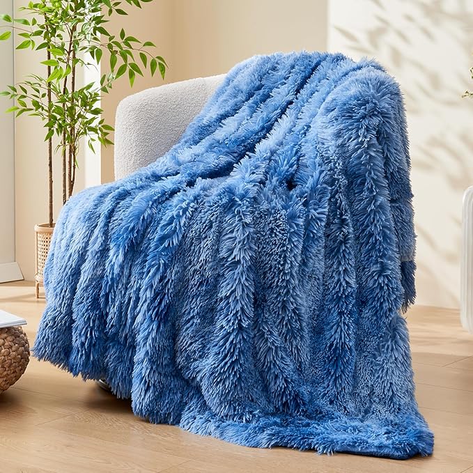 GONAAP Fuzzy Faux Fur Throw Blanket Twin Size Indigo Super Soft Cozy Plush Fuzzy Shaggy Blanket for Couch Sofa Bed (Indigo, Twin(60"x80"))-HomvellaHome