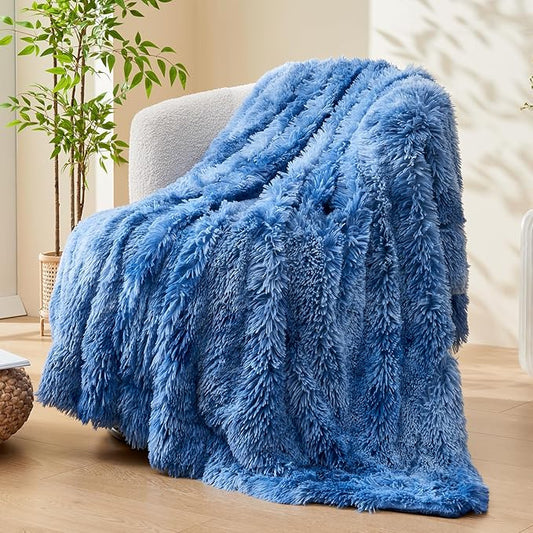 GONAAP Fuzzy Faux Fur Throw Blanket Indigo Super Soft Cozy Plush Fuzzy Shaggy Blanket for Couch Sofa Bed (Indigo, Throw(50"x60"))-HomvellaHome