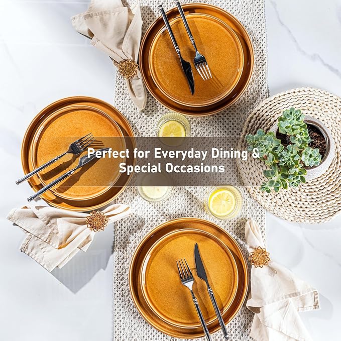 GBHOME Ceramic Dinnerware Sets for 4, 12 Pieces Stoneware Plates and Bowls Sets, Scratch Resistant Dishes, Dishwasher & Microwave Safe, Reactive Glaze-Amber-HomvellaHome