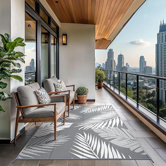 GENIMO Outdoor Rug 8' x 10' Waterproof for Patios Clearance, Reversible Plastic Straw Camping Rug Carpet, Large Area Rugs Mats for RV, Picnic, Backyard, Deck, Balcony, Porch, Beach, Grey&White-HomvellaHome