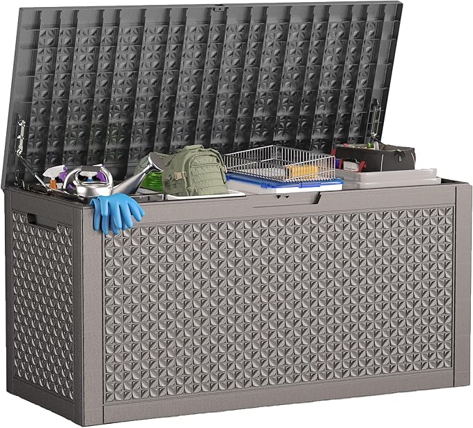 100 Gallon Deck Box Large Outdoor Storage for Patio Furniture,Outdoor Cushions,Garden Tools and Pool Supplies,Waterproof,Resin,Lockable(Grey Lozenge)-HomvellaHome