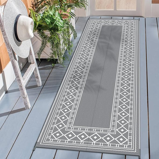 GENIMO Outdoor Rug Waterproof for Patio, 2.5'x8' Foldable Reversible Plastic Straw Runner Rugs and Carpet for Porch, Outside Area Mat for Rv, Deck, Picnic, Camper, Balcony, Beach, Grey & White-HomvellaHome