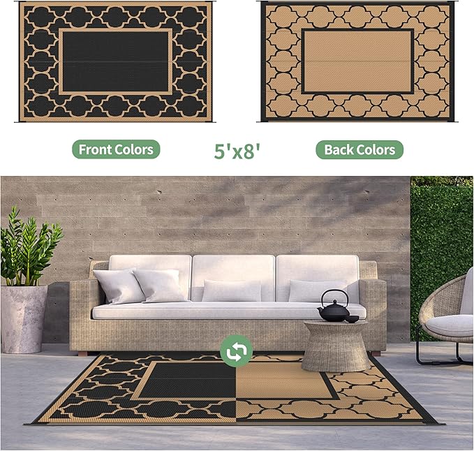 GENIMO 5' x 8' Outdoor Rug Waterproof for Patio Decor, Foldable Reversible Plastic Straw Area Rugs Mat for Camper, Outside Carpet for Rv, Deck, Porch, Picnic, Beach, Balcony, Black & Brown-HomvellaHome