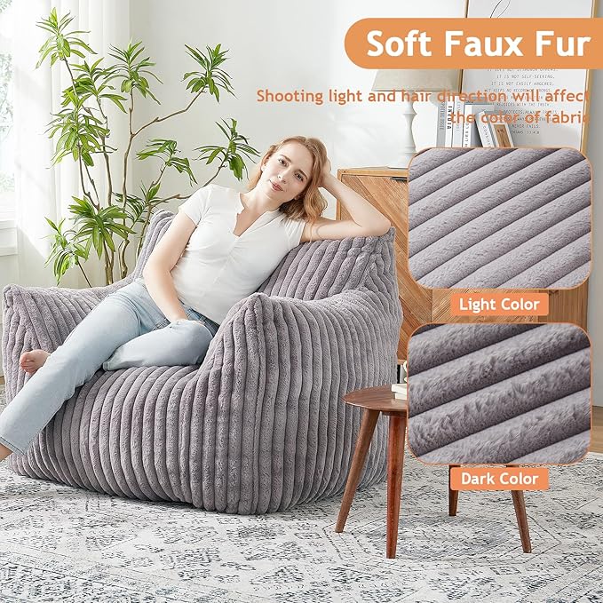 Giant Bean Bag Chairs for Adults with Filling Plush Fluffy Bean Bag Chairs for Teens with Armrests Comfy BeanBag Lazy Couch Sofa Chair for Bedroom Living Room Reading-HomvellaHome