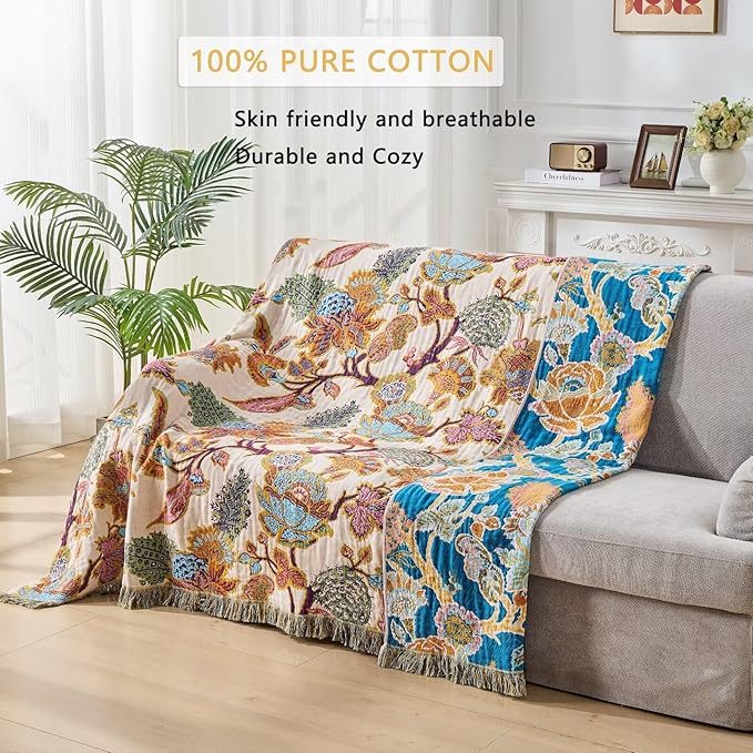 100% Muslin Throw Blanket for Couch, Butterfly and Floral Double Embroidery Fall Throw Blanket 60"x80" for Sofa, Chair, Woven Cotton Reversible Mexican Blanket-HomvellaHome