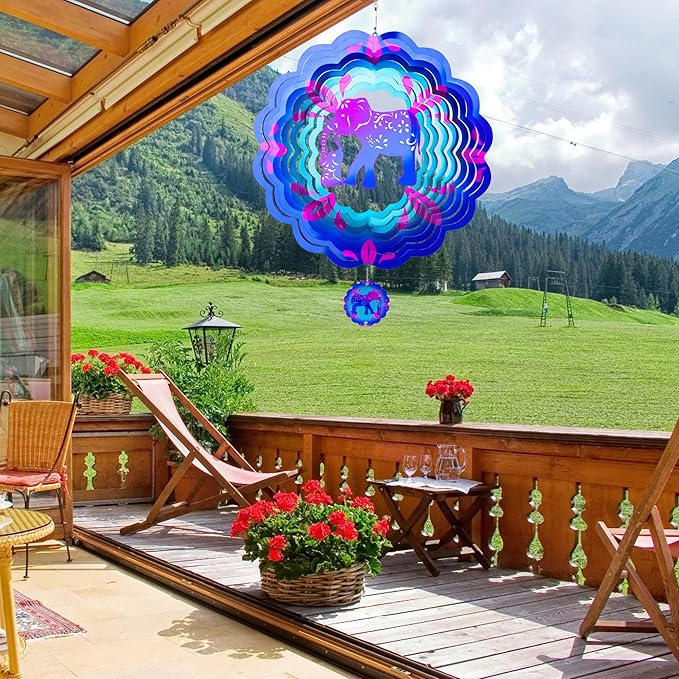 12 inch Elephant 3D Stainless Steel Wind Spinners, Hanging Garden Spinner Kinetic Art Garden Decorations, Reflective Wind Sculpture for Indoor/Outdoor Decor-HomvellaHome