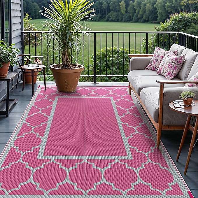 GENIMO 6' x 9' Outdoor Rug Waterproof for Patio Decor, Foldable Reversible Plastic Straw Area Rugs Mat for Camper, Outside Carpet for Rv, Deck, Porch, Picnic, Beach, Balcony, Pink & Grey-HomvellaHome