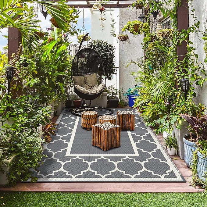 GENIMO 5 ' x 8 ' Outdoor Rug for Patio, Waterproof Indoor Outdoor Plastic Straw Rugs Carpet, Reversible Outside Area Mat for Camping, Balcony Porch, Deck, Picnic, Beach Grey & Beige White-HomvellaHome