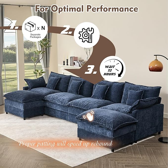 142.5" U Shaped Couch, Modular Sectional Sofa, 3-Seater Comfy Cloud Couch with Movable Ottoman, Deep Seat Couches for Living Room, Chenille, Navy-HomvellaHome