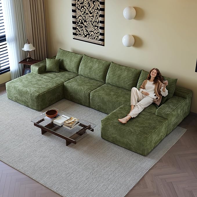 108" Sectional Couches for Living Room Modern Modular Sofa with L-Shape Couchs Upholstered Boneless Couch Deep Seat Sectional Couch with Chaise (Green, Left Facing Chaise+3Seaters+Ottoman)-HomvellaHome