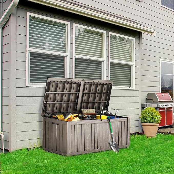 180 Gallon Lockable Resin Deck Box, Waterproof & UV-Resistant Outdoor Storage Box for Outdoor Cushion Storage, Garden Tools & Pool Accessories Storage, Gray-HomvellaHome