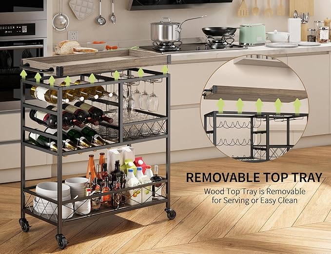 Gizoon Rolling Bar Cart, a Versatile Beverage Cart with a Removable Tray, 12-Bottle Wine Rack, and Glass Holder, The Bar Cart is Perfect for Kitchen, Dining Room, or Outdoor Use (Gray)-HomvellaHome