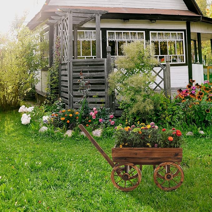 Garden Wooden Decor Rustic Flower Pot,Planters Wagon Indoor Outdoor Backyard Balcony Decor,for Outside Garden Decor Wheelbarrow Planter for Patio (Wooden Wagon)-HomvellaHome