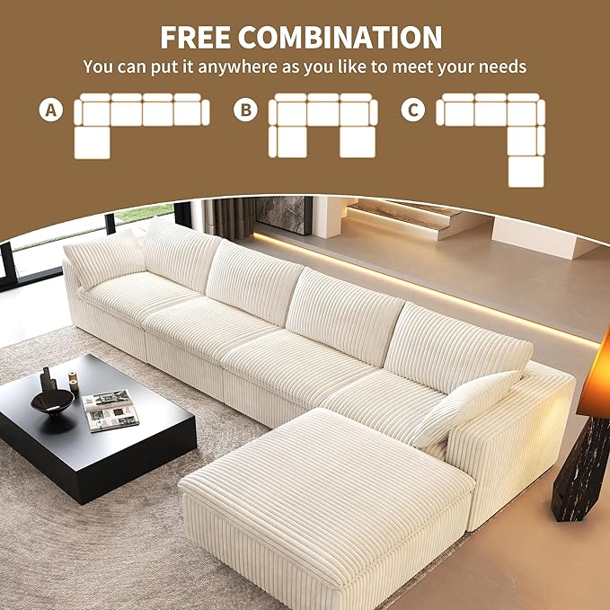 157.5" L Shaped Modern Sofa Modular Sectional Cloud Couch with Ottoman,Deep Seat Upholstered Couches with Corduroy Fabric for Living Room Furniture,Bedroom and Apartment,No Assembly Required,White-HomvellaHome