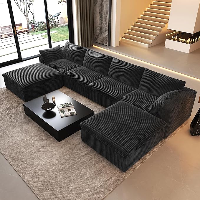 157.5" U Shaped Modern Sofa Modular Sectional Cloud Couch with 2 Ottoman,Deep Seat Upholstered Couches with Corduroy Fabric for Living Room Furniture,Bedroom and Apartment,No Assembly Required,Black-HomvellaHome