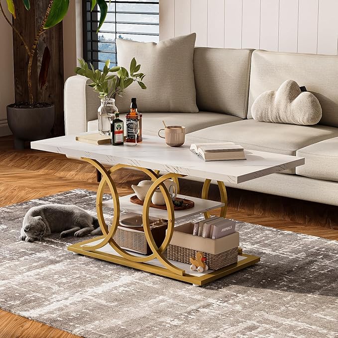 GiftGo Rustic Coffee Table with Storage Modern 3 Tier Center Living Room Table Faux Marble Wooden Rectangle Cocktail Tea Table for Office Bedroom Elegant Full Moon Design (White Gold, L-47)-HomvellaHome