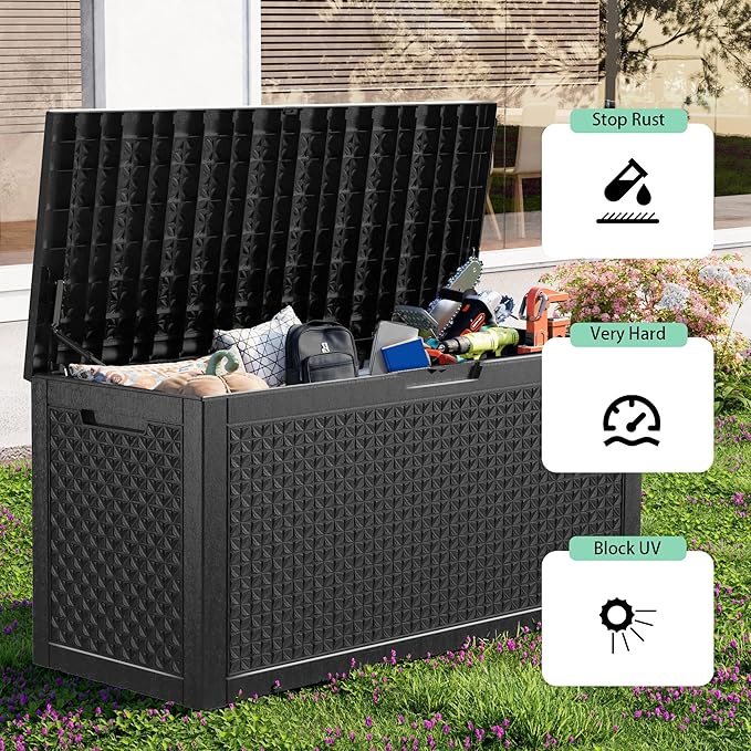 100 Gallon Resin Deck Box, Lockable Outdoor Storage Box for Patio Cushions Storage Furniture,Garden Tools, Pool Supplies, Weatherproof and UV Resistant（Black L）-HomvellaHome