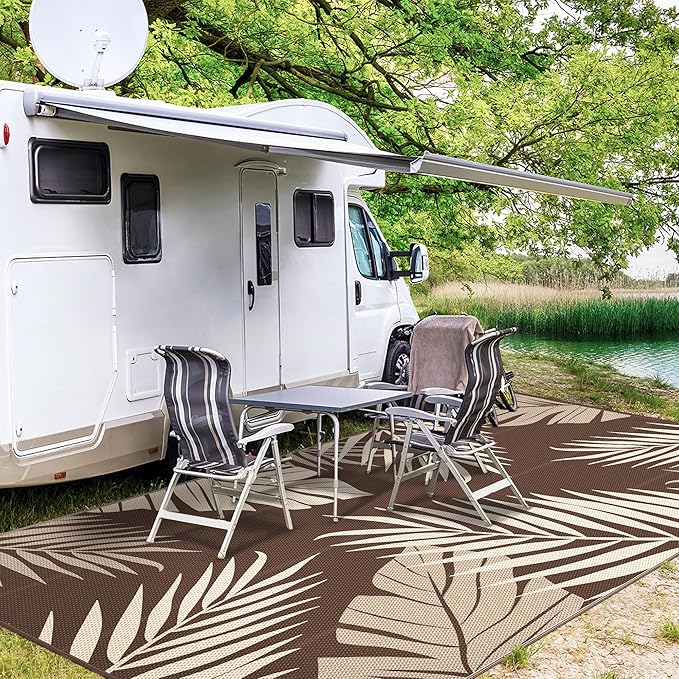 GENIMO Outdoor Rug 10' x 14' Waterproof for Patios Clearance, Reversible Outdoor Plastic Straw Camping Rug Carpet, Large Area Rugs Mats for RV, Camper, Deck, Balcony, Porch, Beach, Coffee&Beige-HomvellaHome