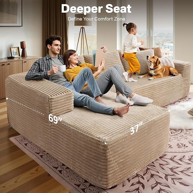 104" Cloud Sectional Couches for Living Room,L Shaped Boneless Couch in A Box,Sleeper Sofa with Comfy Chaise No Assembly Required,Beige-HomvellaHome