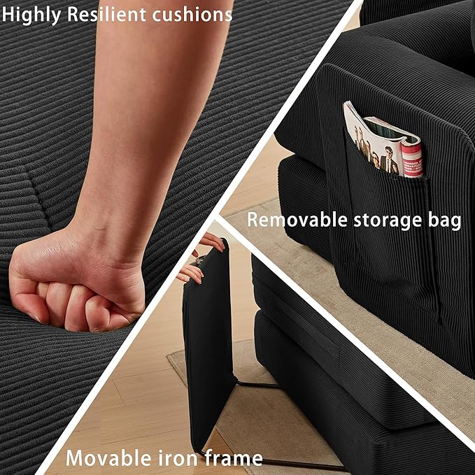 107" Oversized Convertible Sleeper Sofa Bed, Corduroy L Shape Sectional Couch, Folding Sofa Bed with Side Pocket, Modern Cloud Floor Mattress Couch, Modular Sofa for Living Room, Black-HomvellaHome