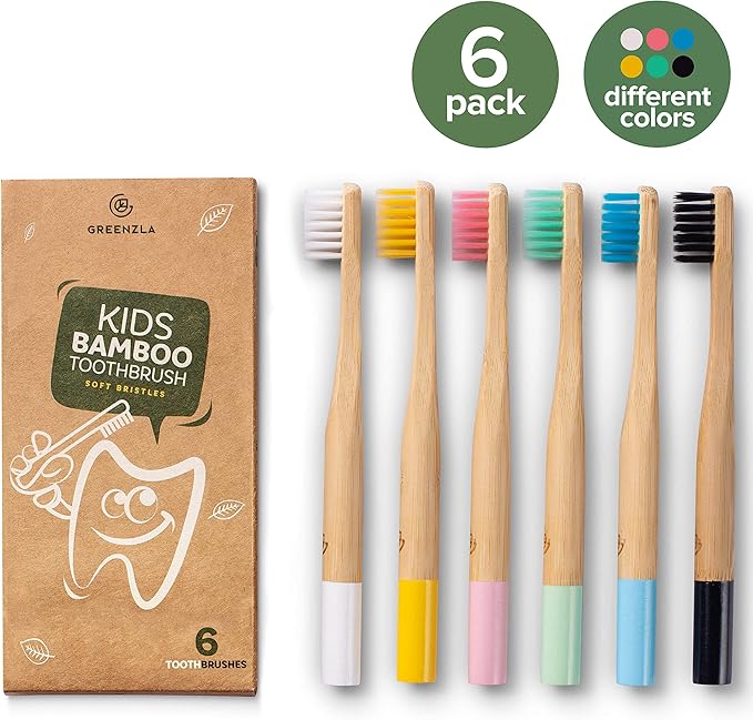 GREENZLA Kids Bamboo Toothbrushes, Natural Toothbrush Set, Soft Bristles, Durable Charcoal Wooden Brushes, Compostable Design for Toddlers and Children, 6 Pack-HomvellaHome