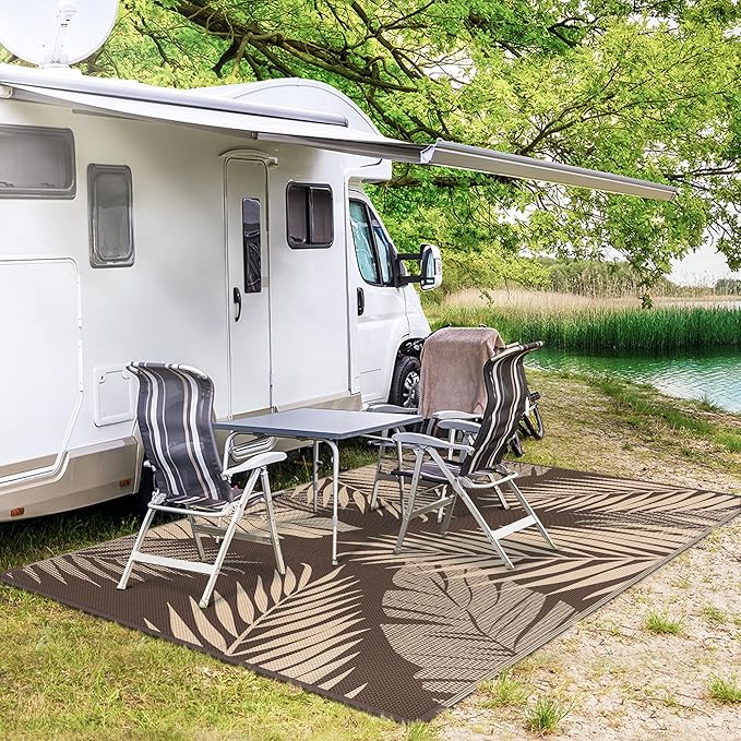 GENIMO Outdoor Rug 5' x 8' Waterproof for Patios Clearance, Reversible Outdoor Plastic Straw Camping Rug Carpet, Large Area Rugs Mats for RV, Camper, Deck, Balcony, Porch, Beach, Picnic, Coffee&Beige-HomvellaHome