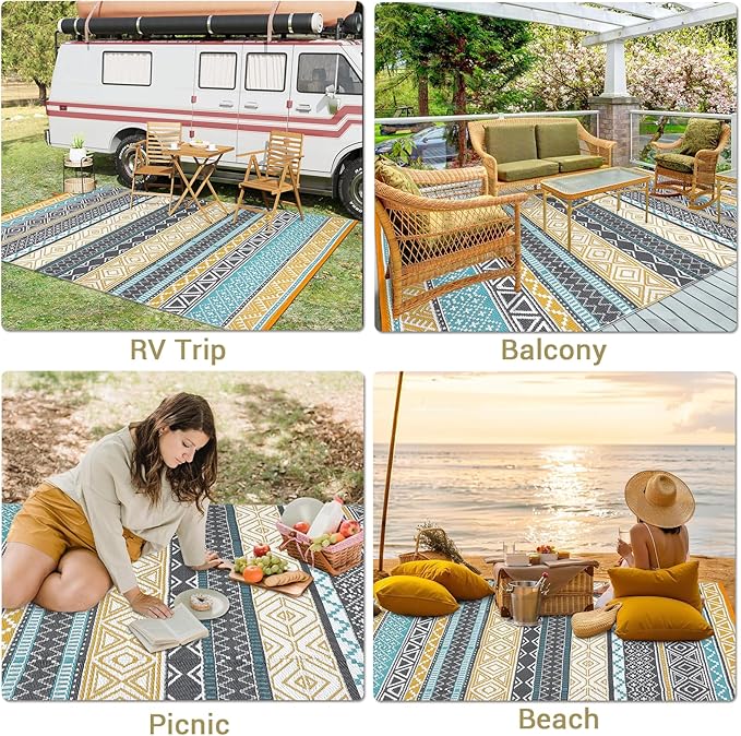 GAOMON Outdoor Plastic Straw Rug, 10'x14' Reversible Sage Green Patio Mat, Flower Modern Design for RV, Backyard, Deck, Camping, Picnic, Teal/Yellow(Bohemia)-HomvellaHome