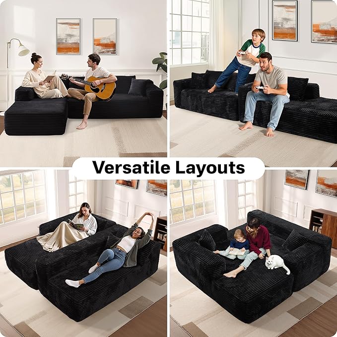 104" Cloudy Sectional L Shaped Couch for Living Room, No Assembly Required, Modular Comfy Sofa with Deep Seat, Fluffy Couch with Sleeper Chaise for Apartment Lounge (Black)-HomvellaHome