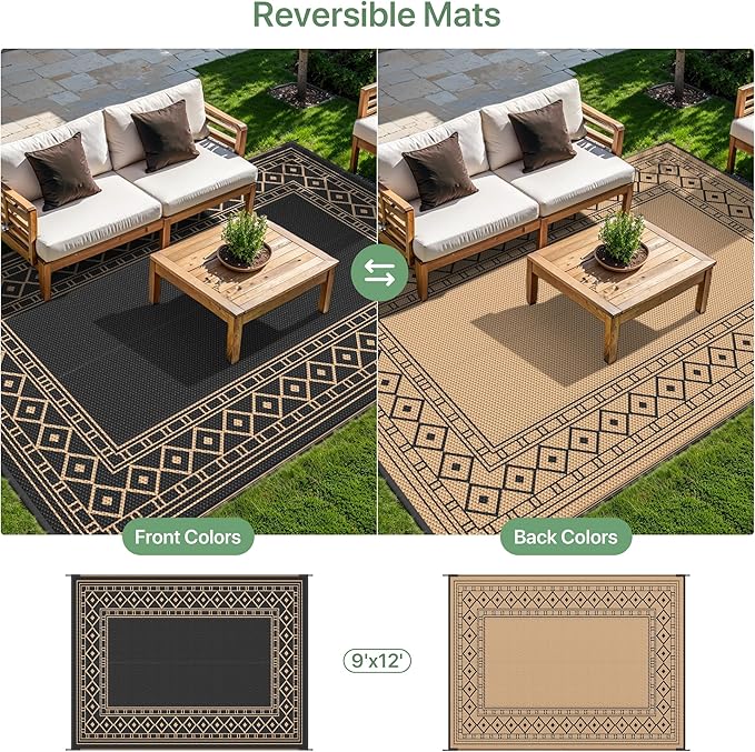 GENIMO Outdoor Rug Waterproof 9'x12' for Patio, Foldable Reversible Plastic Straw Carpet for Travel Trailers, Outside Area Mat for Rv, Deck, Picnic, Porch, Camper, Balcony, Beach, Black & Brown-HomvellaHome