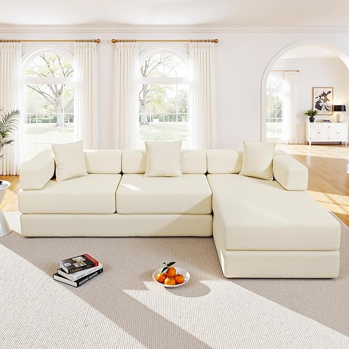 108" Oversized Convertible Sleeper Sofa Bed, Corduroy L Shape Sectional Couch, Folding Sofa Bed with Side Pocket, Modern Cloud Floor Mattress Couch, Modular Sofa for Living Room, Beige-HomvellaHome
