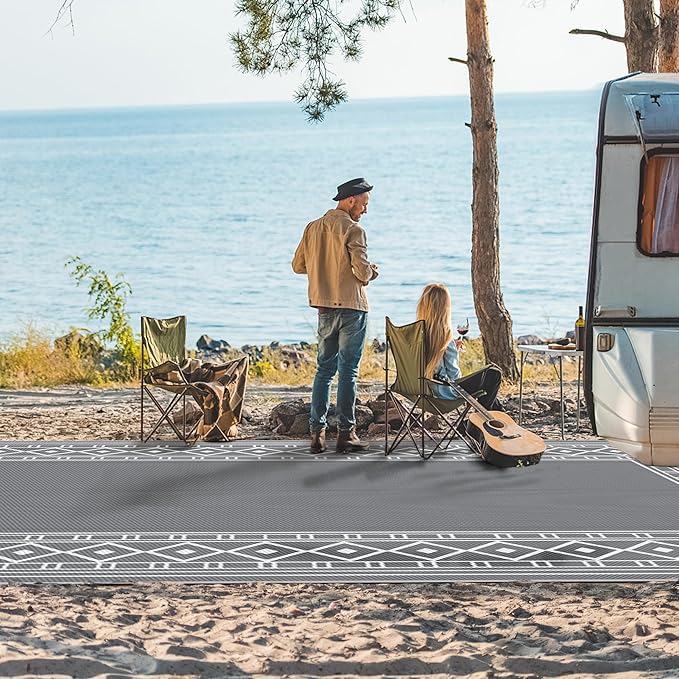 GENIMO Outdoor Rug Waterproof Area 10'x14' for Patio, Foldable Reversible Plastic Straw Carpet for Travel Trailers, Outside Mat for Rv, Deck, Picnic, Porch, Camper, Balcony, Beach, Grey & White-HomvellaHome