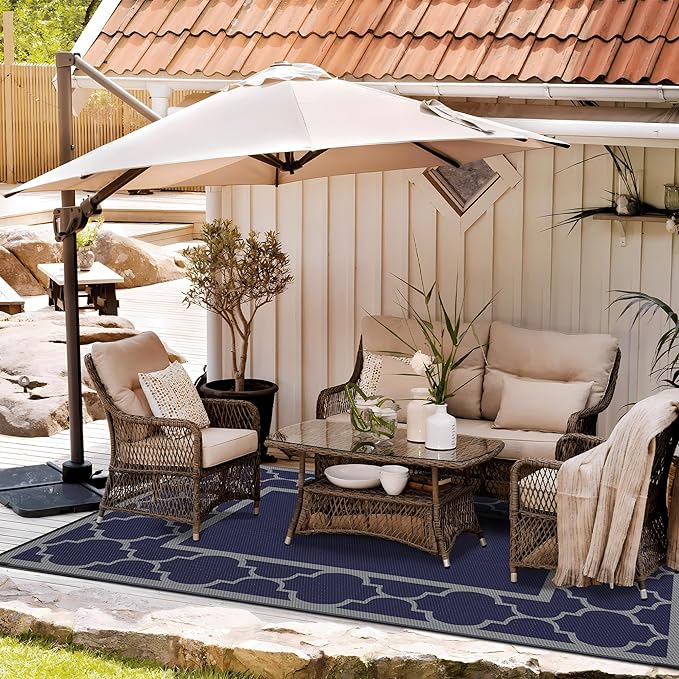 GENIMO 6' x 9' Outdoor Rug Waterproof for Patio Decor, Foldable Reversible Plastic Straw Area Rugs Mat for Camper, Outside Carpet for Rv, Deck, Porch, Picnic, Beach, Balcony, Blue & Grey-HomvellaHome