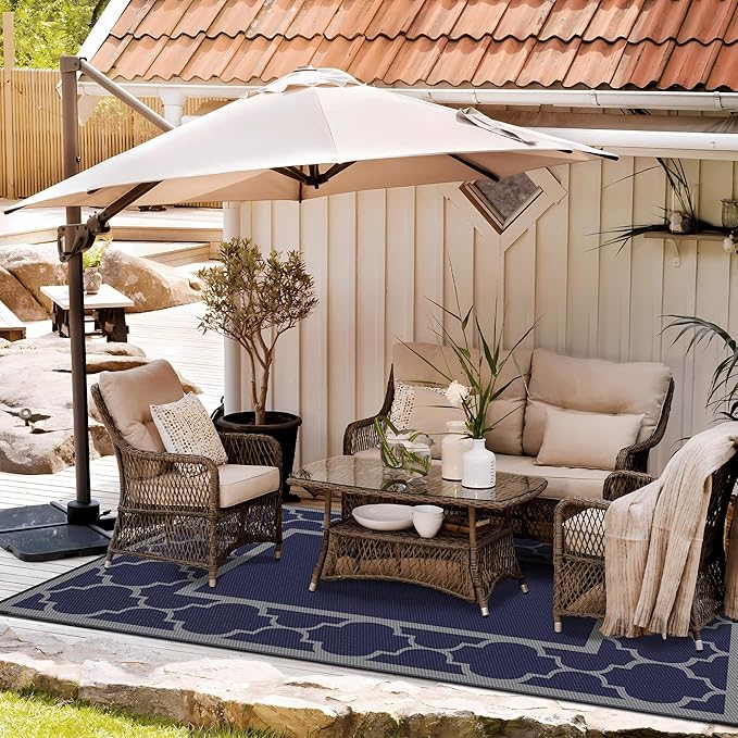 GENIMO Outdoor Rug 8' x 10' Patio Waterproof, Foldable Reversible Plastic Straw Area Rugs Mat for Camper Decor, Outside Carpet for Rv, Deck, Porch, Picnic, Beach, Balcony, Blue & Grey-HomvellaHome