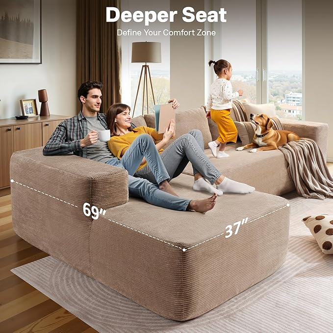 104" Cloud Sectional Couches for Living Room,L Shaped Boneless Couch in A Box,Sleeper Sofa with Comfy Chaise No Assembly Required,Camel-HomvellaHome