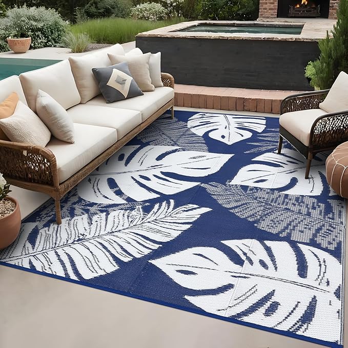 GAOMON Outdoor Plastic Straw Rug 9x18 Waterproof Patio Rug Reversible Camping Mat, Foldable Portable RV Picnic Carpet with Bag & 4 Stakes, UV Resistant Outside Carpet for Deck Balcony, Blue-HomvellaHome