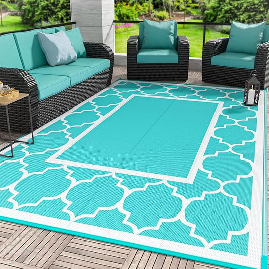 GENIMO 6' x 9' Outdoor Rug Waterproof for Patio Decor, Reversible Plastic Straw Area Mats Carpet for Camper Clearance, Outside Carpet for Rv, Deck, Porch, Beach, Balcony, Aqua Blue & White-HomvellaHome