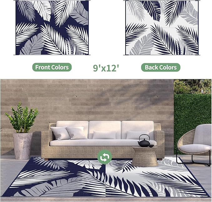 GENIMO Outdoor Rug 9' x 12' Waterproof for Patios Clearance, Reversible Outdoor Plastic Straw Camping Rug Carpet, Large Area Rugs Mats for RV, Camper, Deck, Balcony, Porch, Beach, Navy Blue&White-HomvellaHome