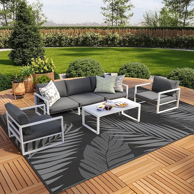 GENIMO Outdoor Rug 10' x 14' Waterproof for Patios Clearance, Reversible Outdoor Plastic Straw Camping Rug Carpet, Large Area Rugs Mats for RV, Camper, Deck, Balcony, Porch, Beach, Picnic, Black&Grey-HomvellaHome