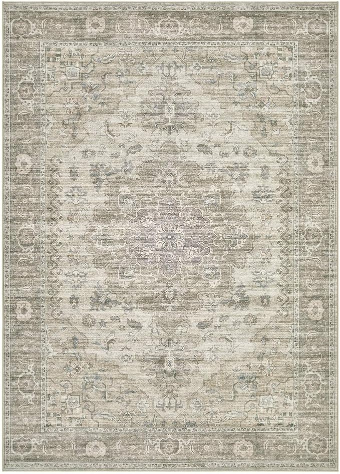 Washable Area Rugs for Living Room - 5x7 Neutral Vintage Distressed Floral Farmhouse Boho Large Soft Floor Rug Indoor Non Slip Carpet for Living Room Bedroom Dining Room Office - Brown/Tan-HomvellaHome