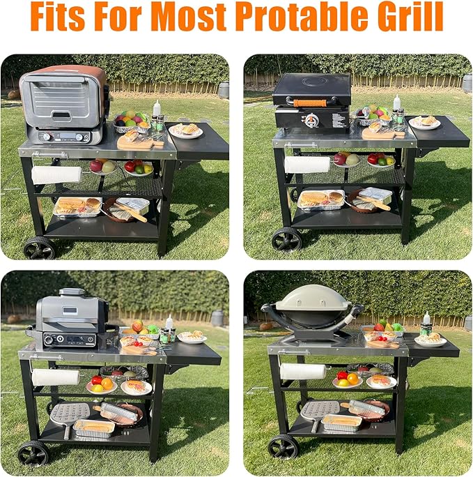 Grill Cart, Outdoor Grill Table, Pizza Oven Stand, Three-Shelf BBQ Table, Movable Dining Cart with Drawer, Fits for Ninja Woodfire Grill, Blackstone Griddle,Tabletop Grill-HomvellaHome