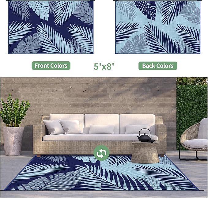 GENIMO Outdoor Rug 5' x 8' Waterproof for Patios Clearance, Reversible Outdoor Plastic Straw Camping Rug Carpet, Large Area Rugs Mats for RV, Camper, Deck, Balcony, Porch, Beach, Navy Blue&Baby Blue-HomvellaHome